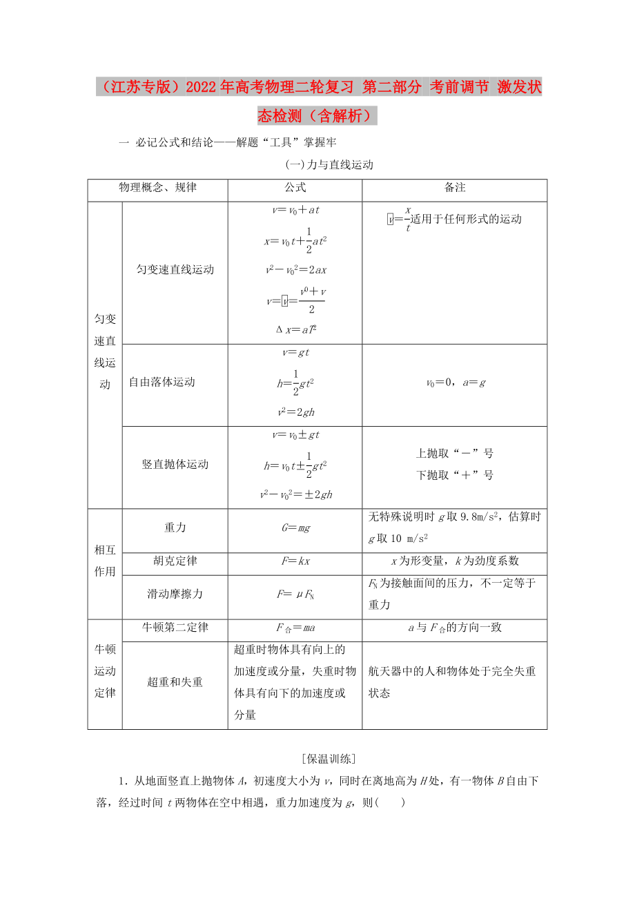 （江蘇專版）2022年高考物理二輪復習 第二部分 考前調(diào)節(jié) 激發(fā)狀態(tài)檢測（含解析）_第1頁