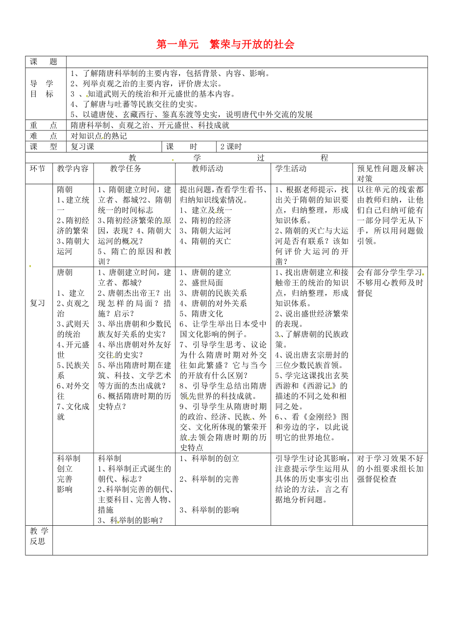 吉林省通化市外國語中學(xué)七年級歷史下冊 第一單元 繁榮與開放的社會復(fù)習(xí)導(dǎo)學(xué)案1（無答案） 新人教版_第1頁