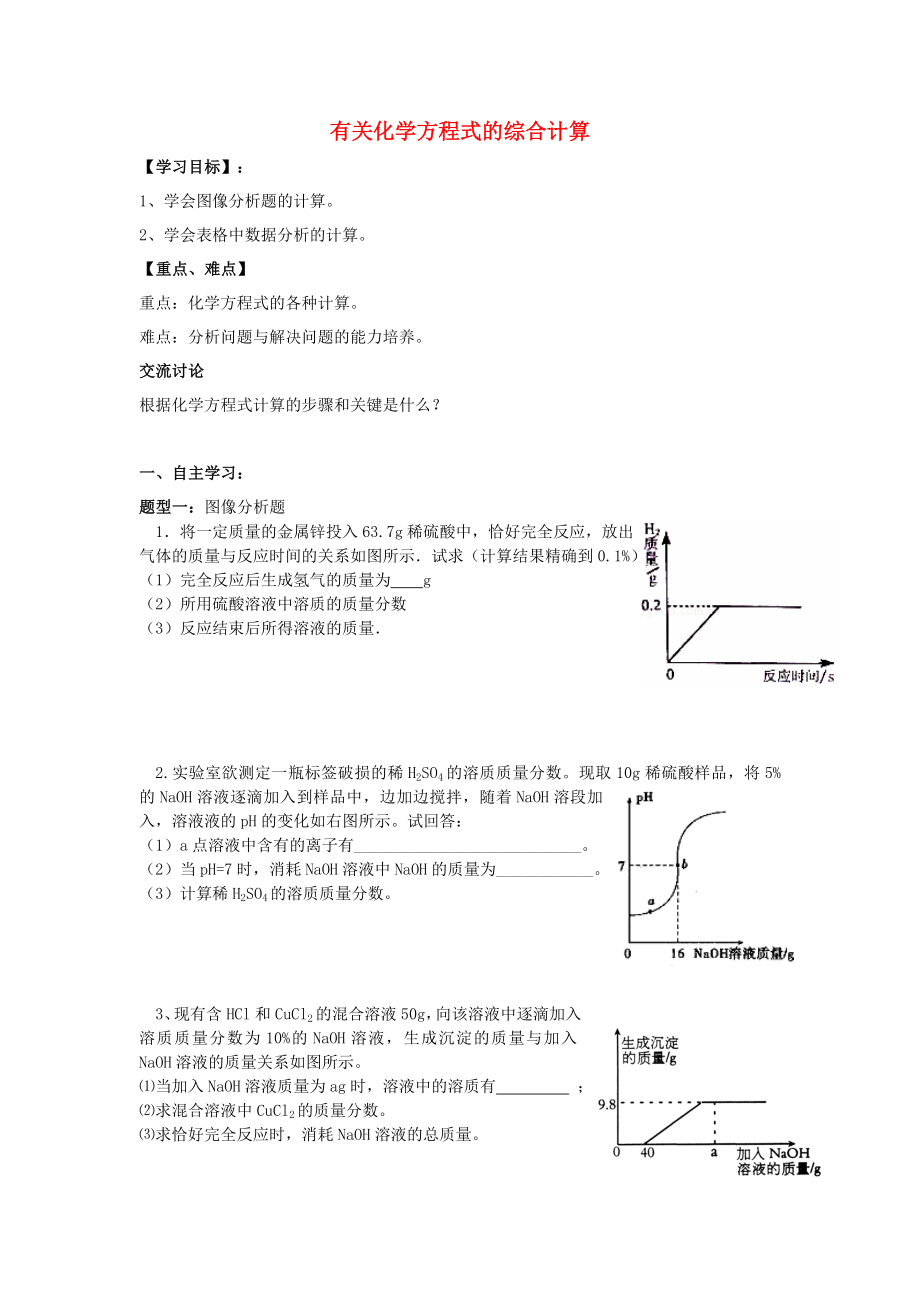 九年級(jí)化學(xué)下冊(cè) 有關(guān)化學(xué)方程式的綜合計(jì)算學(xué)案（無答案） 魯教版六三制_第1頁