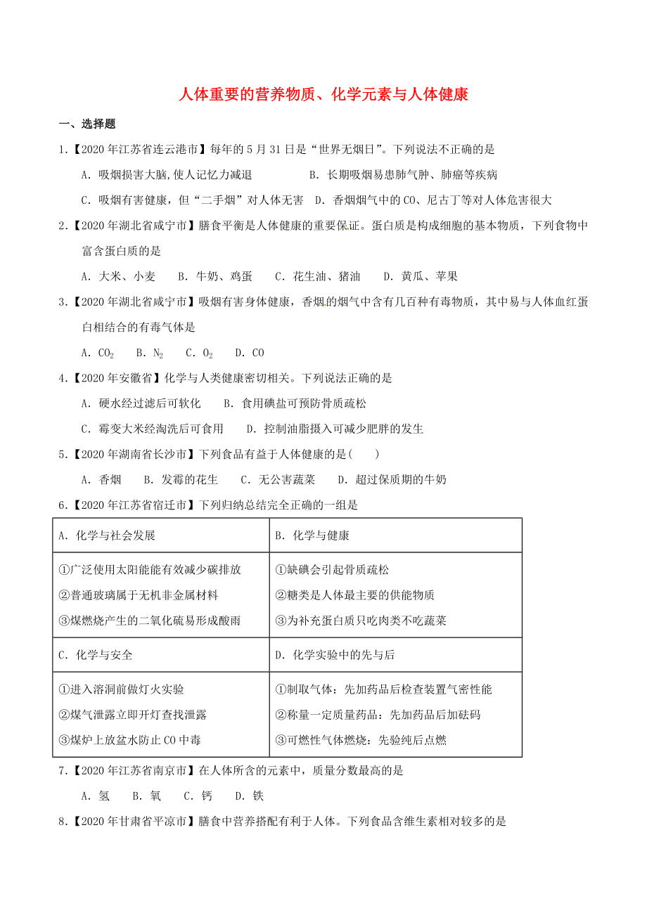 2020年中考化學(xué)知識(shí)分類練習(xí)卷 人體重要的營(yíng)養(yǎng)物質(zhì)、化學(xué)元素與人體健康（無(wú)答案）_第1頁(yè)