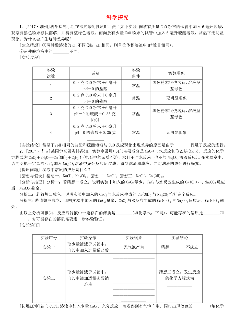 （山西專版）2018年中考化學(xué)復(fù)習(xí)方案 專題訓(xùn)練（九）科學(xué)探究_第1頁(yè)