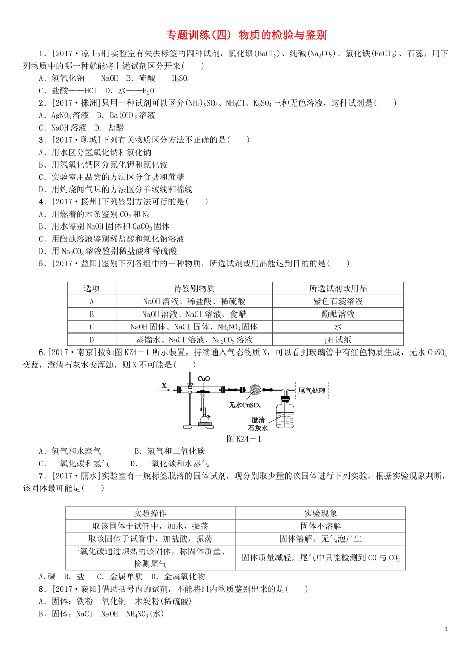 （山西专版）2018年中考化学复习方案 专题训练（四）物质的检验与鉴别_第1页