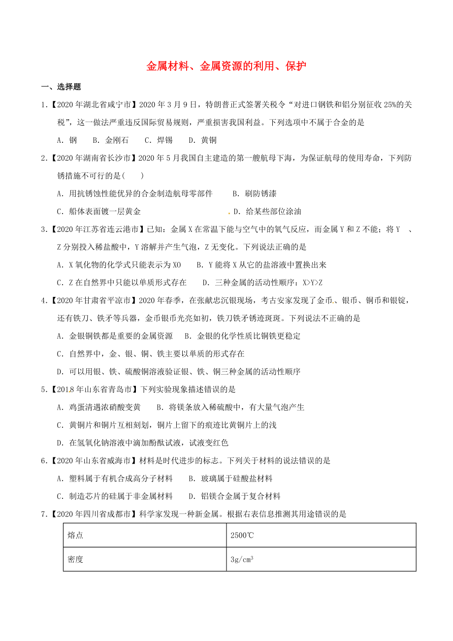 2020年中考化學知識分類練習卷 金屬材料、金屬資源的利用、保護（無答案）_第1頁