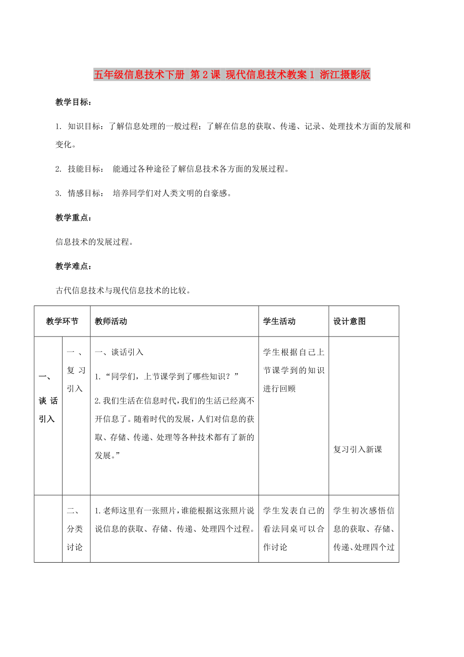 五年級信息技術(shù)下冊 第2課 現(xiàn)代信息技術(shù)教案1 浙江攝影版_第1頁