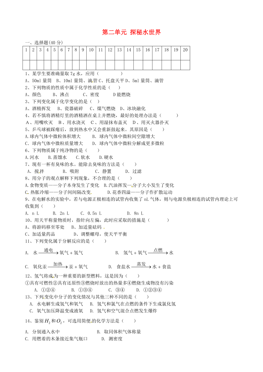 山東省沂源縣沂河源學校八年級化學全冊 第二單元 探秘水世界綜合測試題（無答案） 魯教版五四制_第1頁