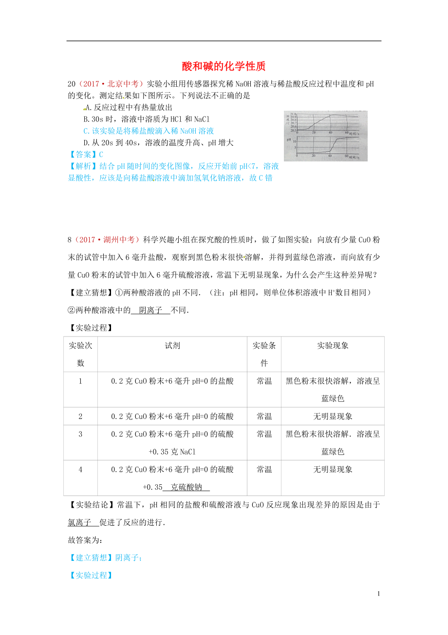 河北省保定市2018屆中考化學(xué)復(fù)習(xí)匯編 10 酸和堿的化學(xué)性質(zhì)_第1頁