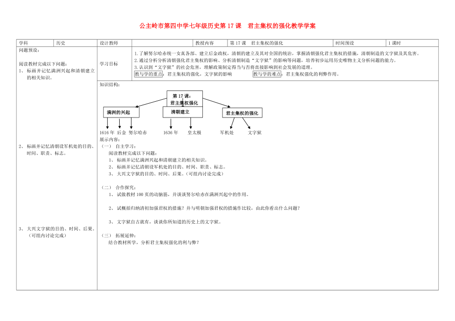 吉林省公主嶺市七年級歷史下冊 第17課 君主集權(quán)的強(qiáng)化_學(xué)案（無答案） 新人教版_第1頁