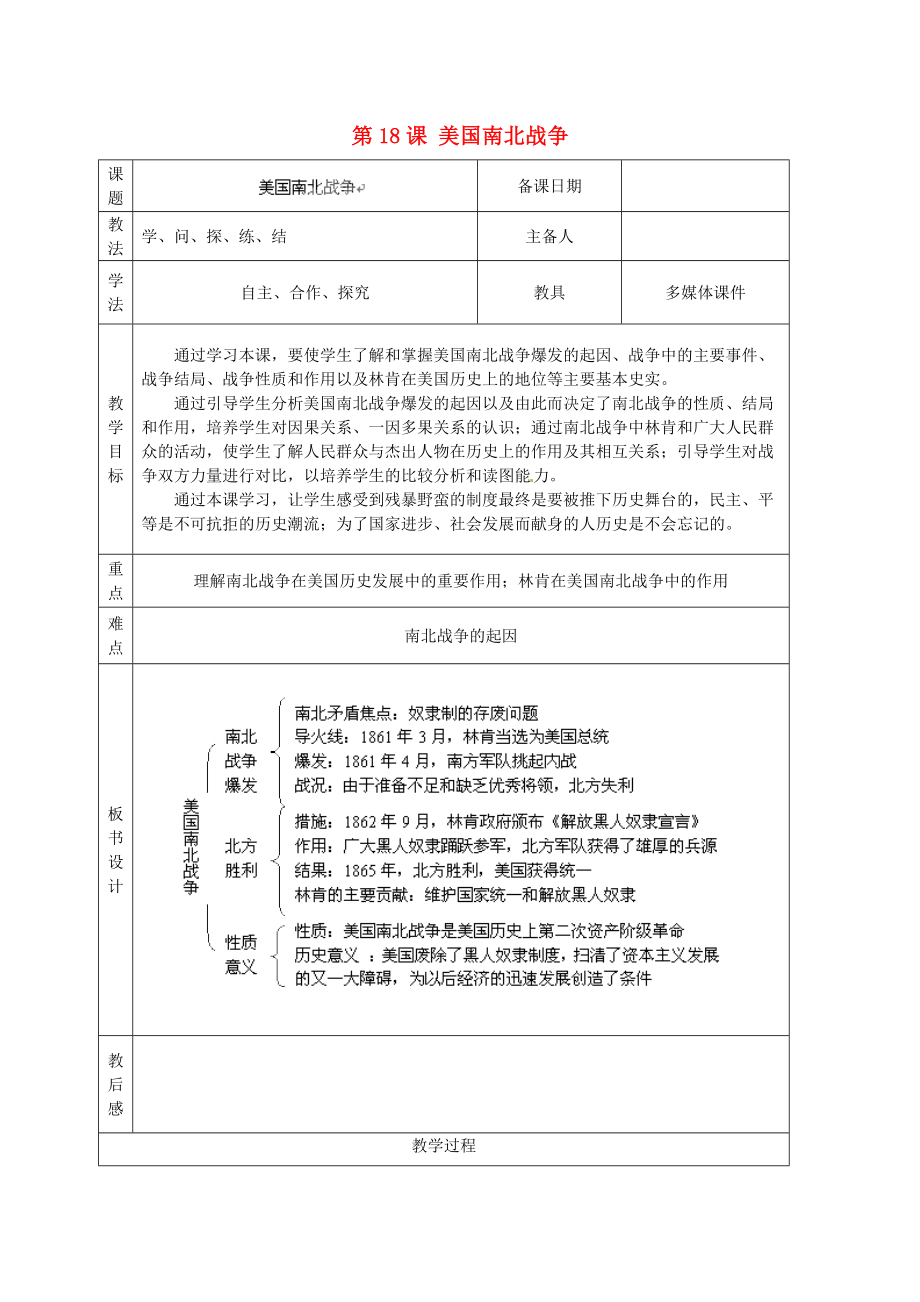 山東省泰安市岱岳區(qū)徂徠鎮(zhèn)第一中學(xué)九年級(jí)歷史上冊(cè)《第六單元 第18課 美國(guó)南北戰(zhàn)爭(zhēng)》教學(xué)案（無(wú)答案） 新人教版_第1頁(yè)