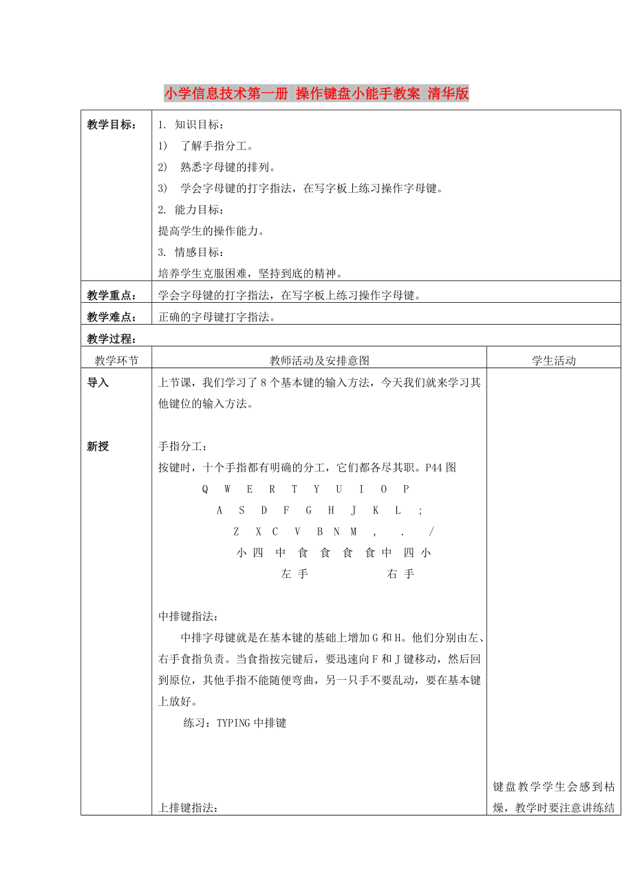 小學(xué)信息技術(shù)第一冊 操作鍵盤小能手教案 清華版_第1頁