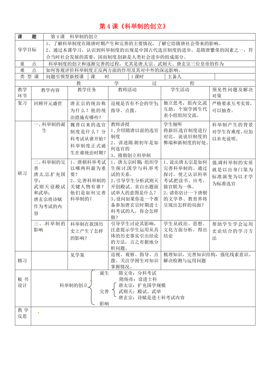 吉林省通化市外國語中學(xué)七年級(jí)歷史下冊 第4課 科舉制的創(chuàng)立導(dǎo)學(xué)案（無答案） 新人教版_第1頁