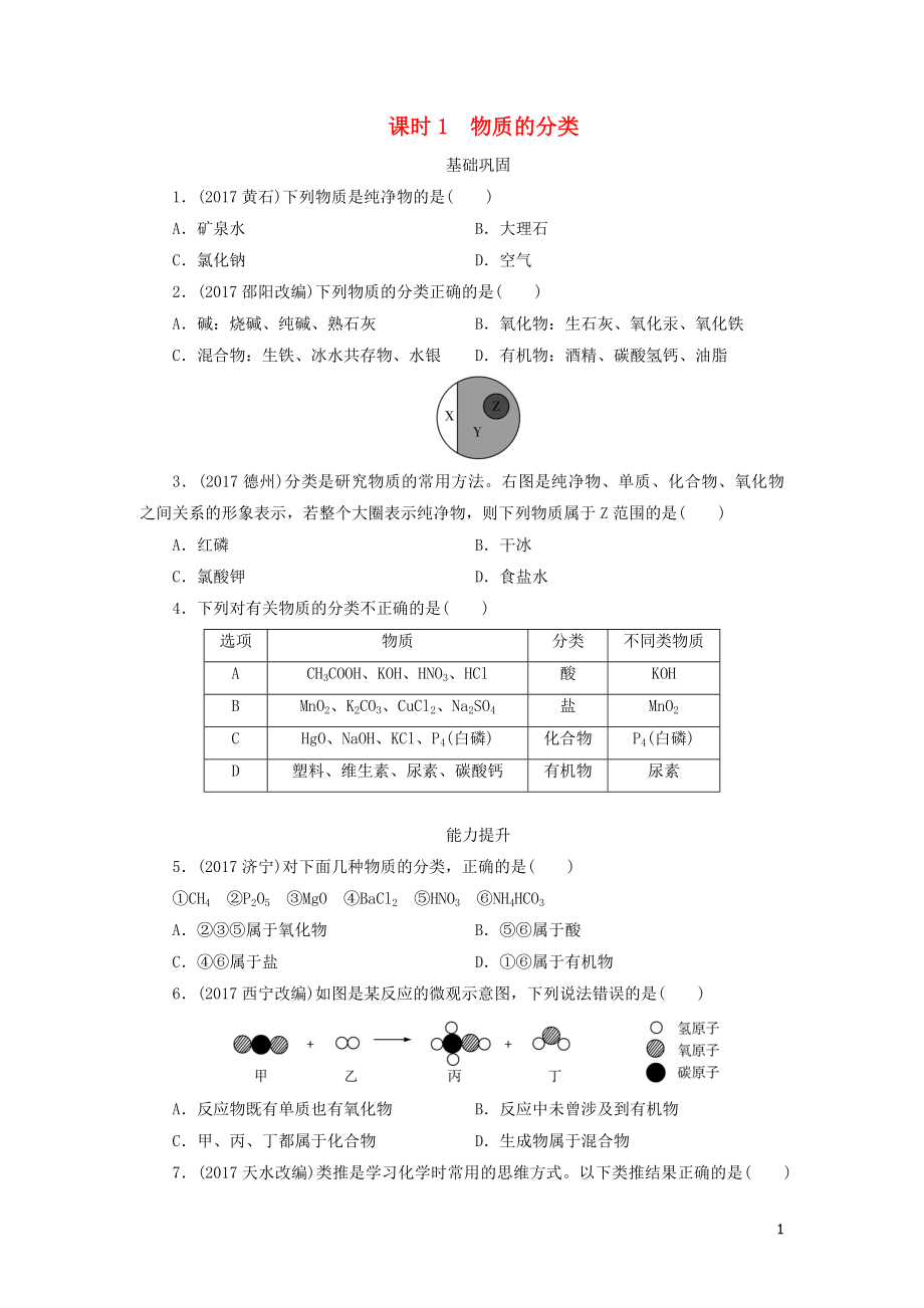 廣東省2018年中考化學總復(fù)習 課時1 物質(zhì)的分類練習_第1頁