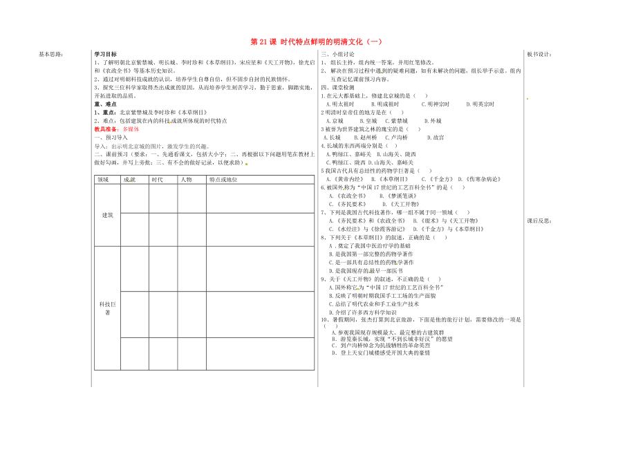 山東省夏津實驗中學七年級歷史下冊 第21課 時代特點鮮明的明清文化（一）教學案（無答案） 新人教版（通用）_第1頁