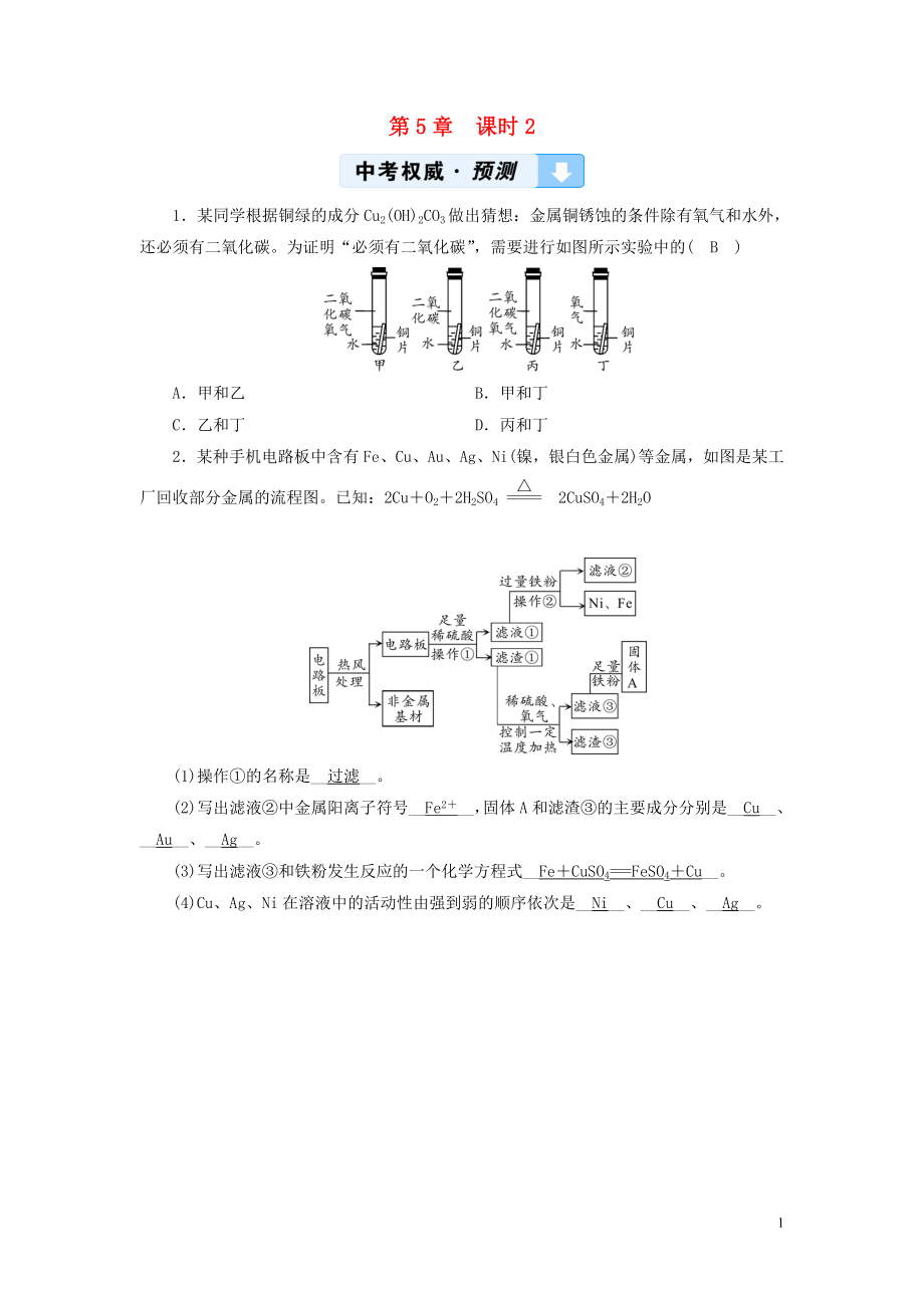 （遵義專用）2019中考化學(xué)高分一輪復(fù)習(xí) 第1部分 教材系統(tǒng)復(fù)習(xí) 第5章 金屬的冶煉與利用 課時2 金屬的冶煉、防護與回收權(quán)威預(yù)測_第1頁