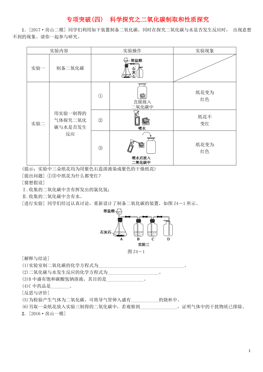 北京市2018年中考化學(xué)基礎(chǔ)復(fù)習(xí) 專項(xiàng)突破（四）科學(xué)探究之二氧化碳制取和性質(zhì)探究練習(xí)_第1頁