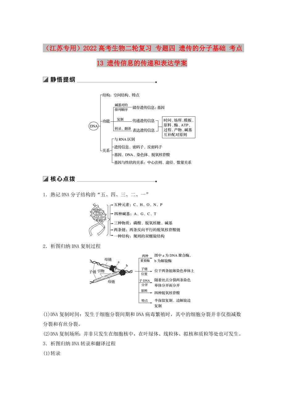 （江蘇專用）2022高考生物二輪復習 專題四 遺傳的分子基礎 考點13 遺傳信息的傳遞和表達學案_第1頁