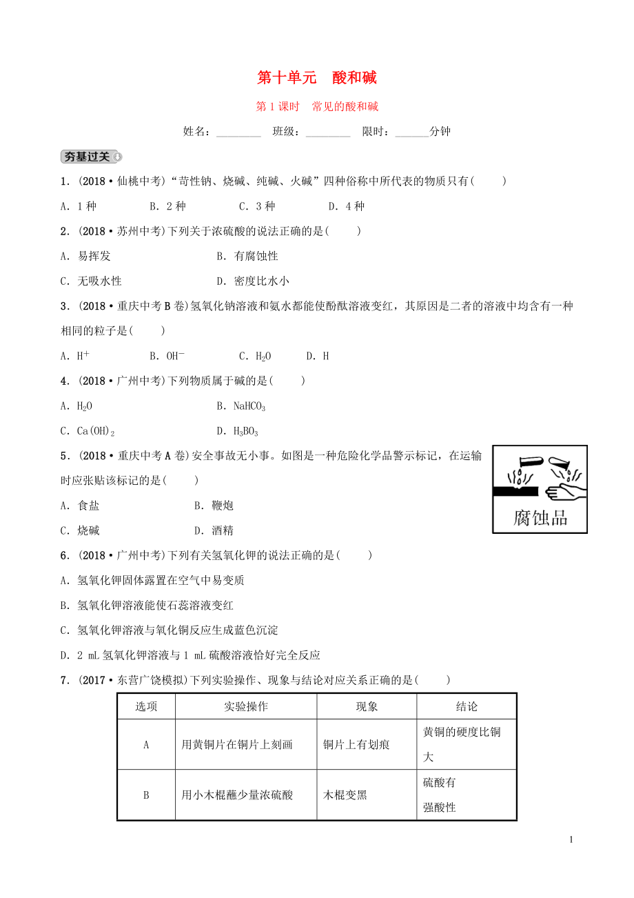 山東省東營市2019年初中化學(xué)學(xué)業(yè)水平考試總復(fù)習(xí) 第十單元 酸和堿 第1課時(shí) 常見的酸和堿練習(xí)_第1頁