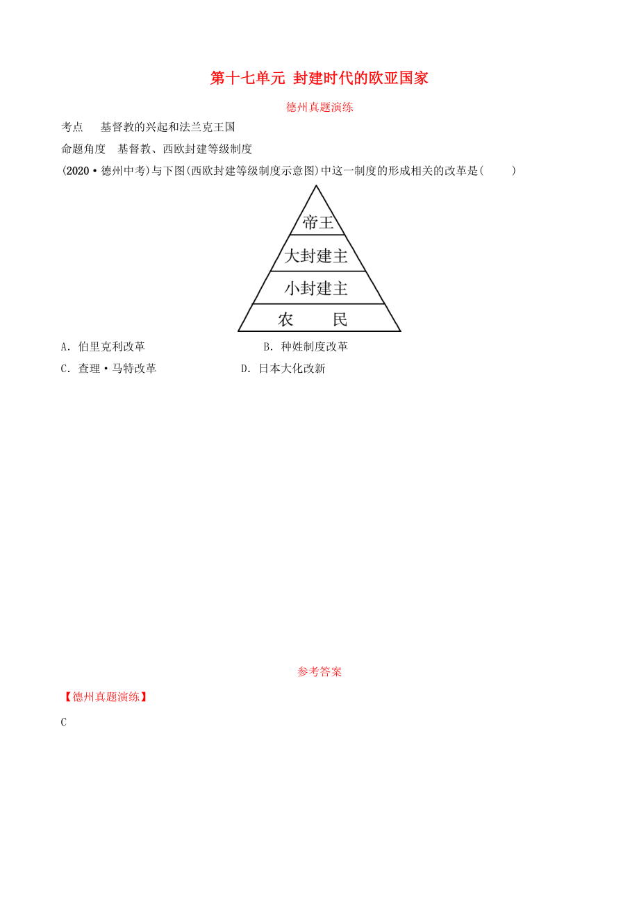 山東省德州市2020中考?xì)v史總復(fù)習(xí) 第四部分 世界古代史 第十七單元 封建時(shí)代的歐亞國家真題演練_第1頁