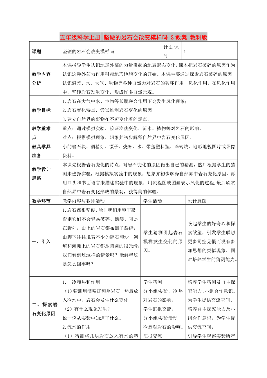 五年級(jí)科學(xué)上冊(cè) 堅(jiān)硬的巖石會(huì)改變模樣嗎 3教案 教科版_第1頁(yè)