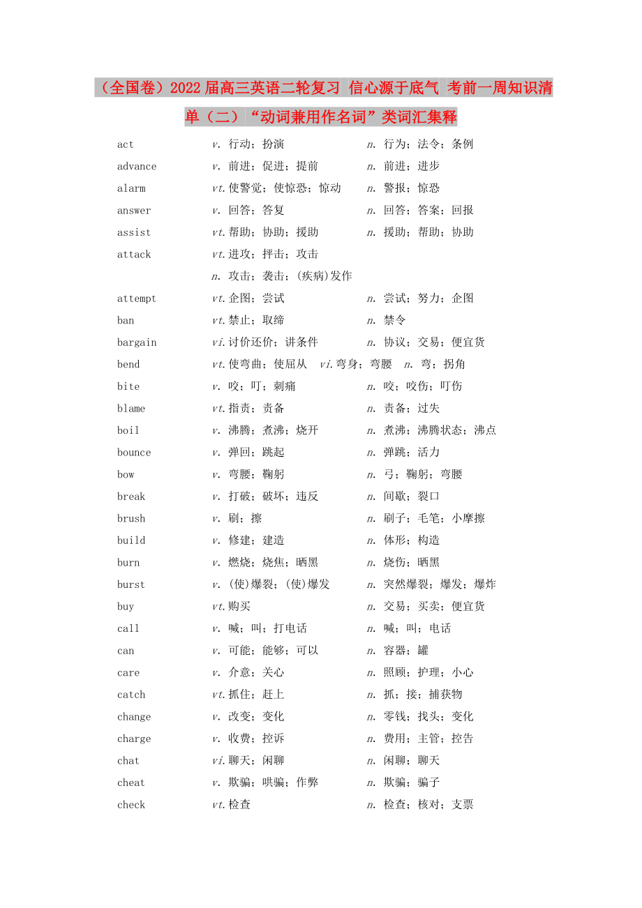 （全國(guó)卷）2022屆高三英語(yǔ)二輪復(fù)習(xí) 信心源于底氣 考前一周知識(shí)清單（二）“動(dòng)詞兼用作名詞”類詞匯集釋_第1頁(yè)