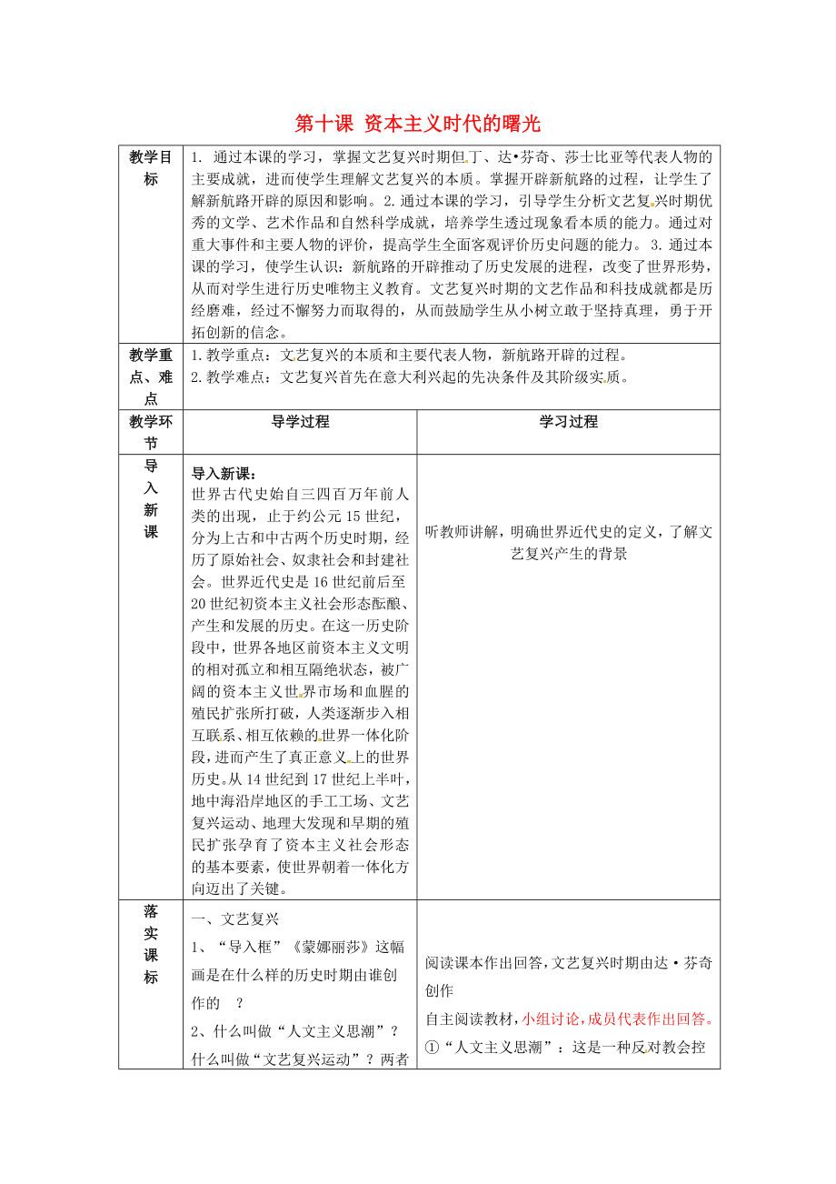 山東省臨沂市蒙陰縣第四中學(xué)九年級(jí)歷史上冊(cè) 第10課《資本主義時(shí)代的曙光》教案 新人教版（通用）_第1頁(yè)