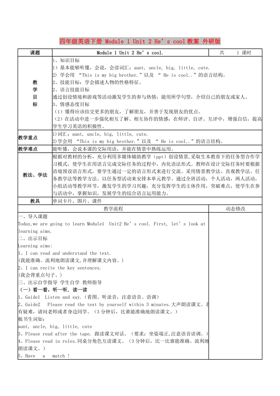 四年級(jí)英語下冊 Module 1 Unit 2 He’s cool教案 外研版_第1頁