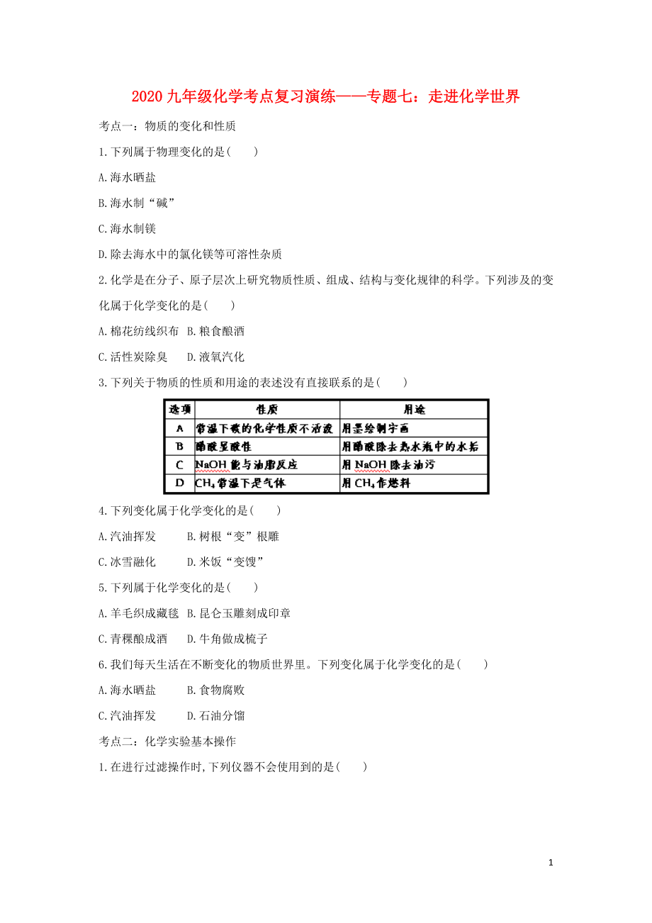 2020九年级化学考点复习演练 专题七 走进化学世界试题_第1页