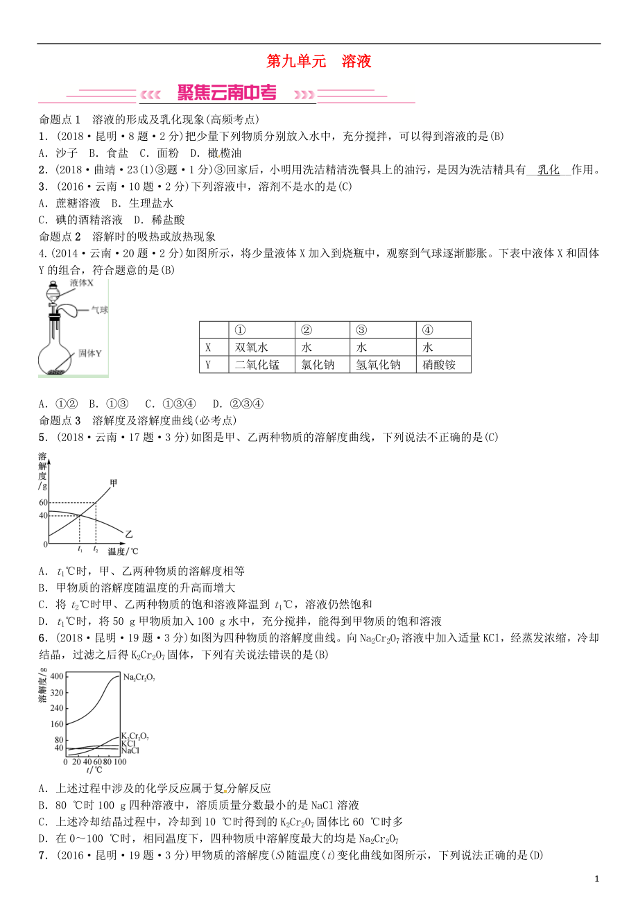 （云南專版）2019年中考化學(xué)總復(fù)習(xí) 教材考點梳理 第九單元 溶液習(xí)題_第1頁