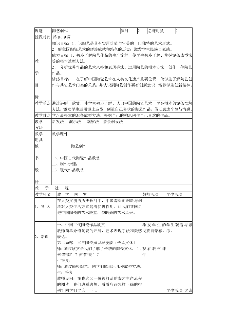 人美版初中美术八年级下册《陶艺创作》表格式教案教学设计_第1页