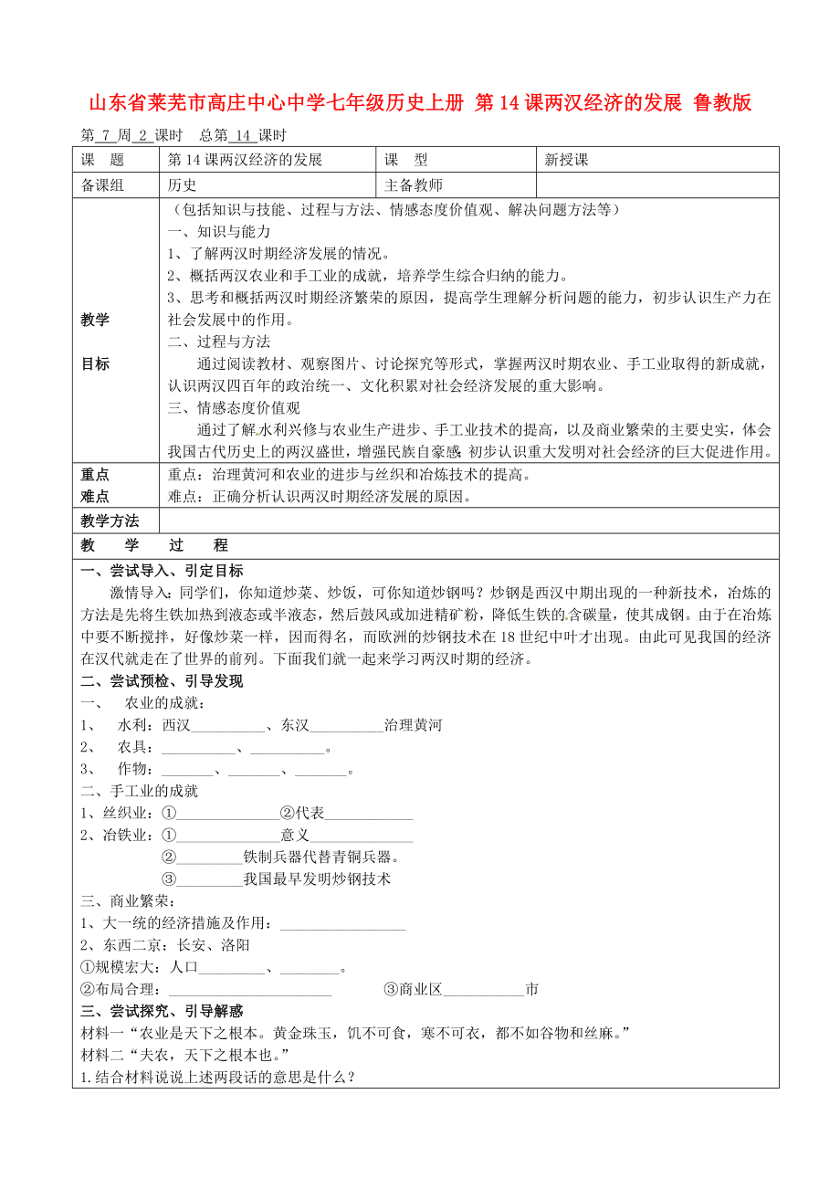 山东省莱芜市高庄中心中学七年级历史上册 第14课 两汉经济的发展教案 鲁教版_第1页