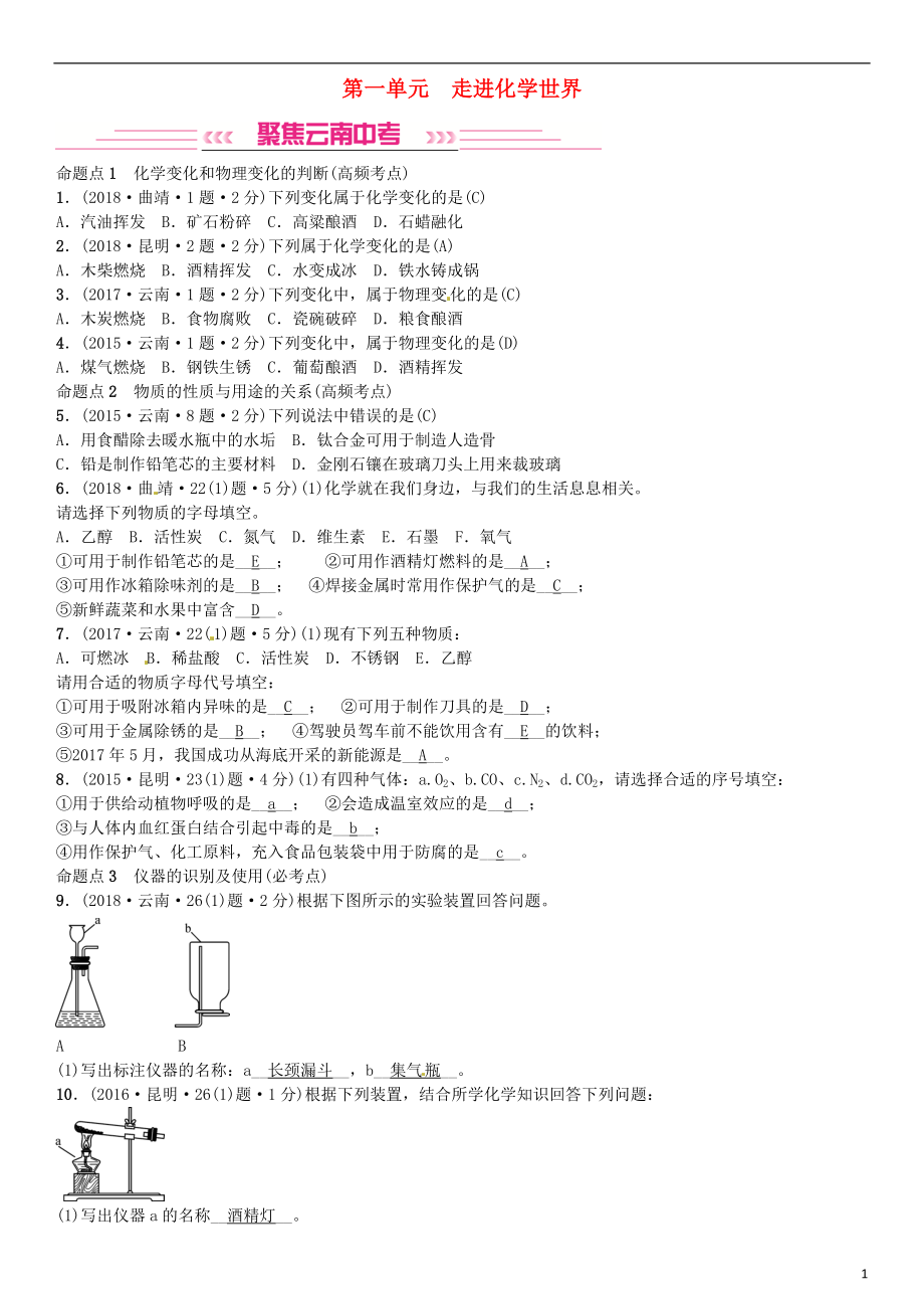 （云南專版）2019年中考化學總復習 教材考點梳理 第一單元 走進化學世界習題_第1頁