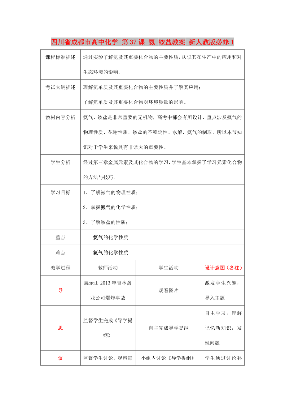 四川省成都市高中化學(xué) 第37課 氨 銨鹽教案 新人教版必修1_第1頁(yè)