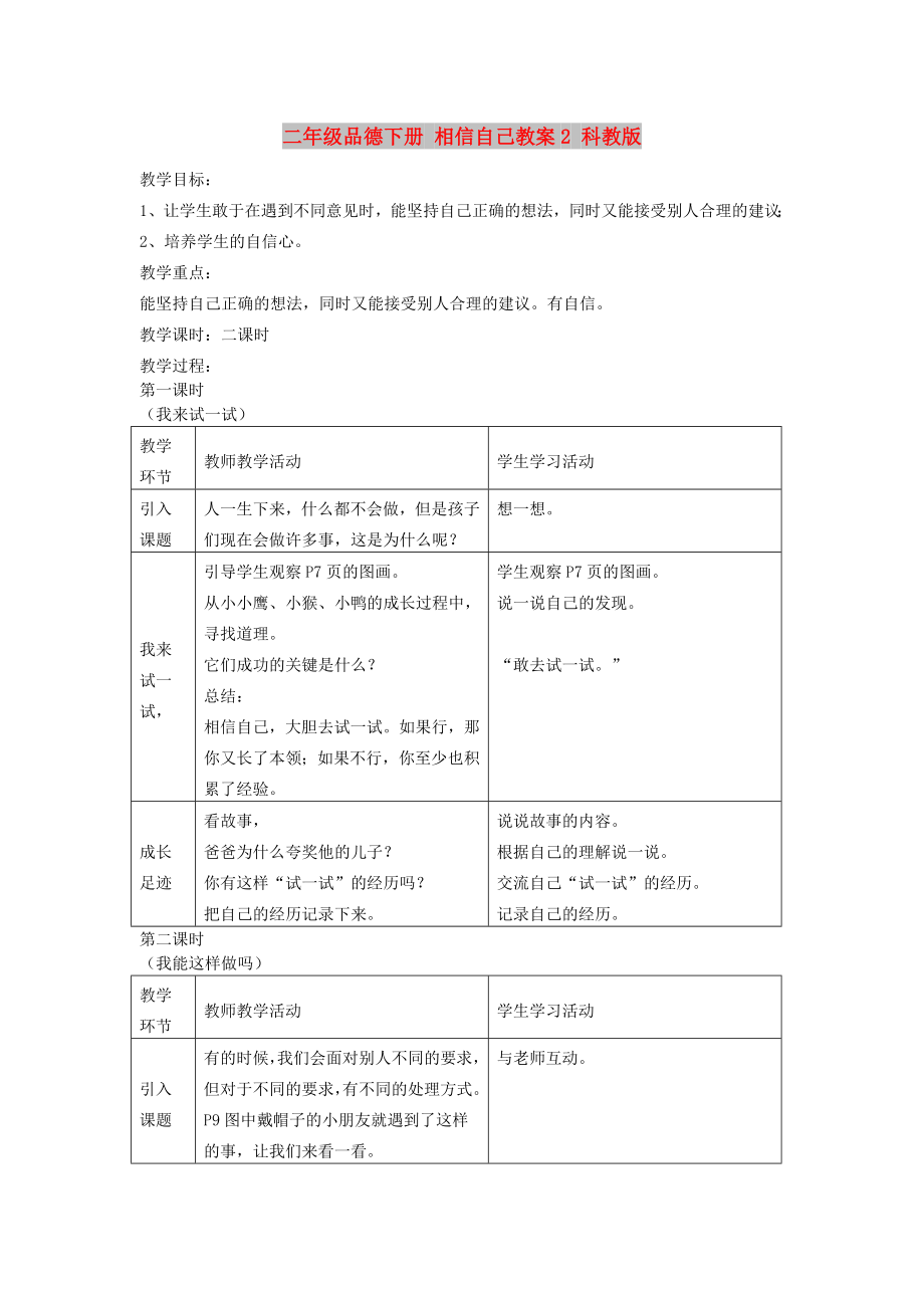 二年级品德下册 相信自己教案2 科教版_第1页