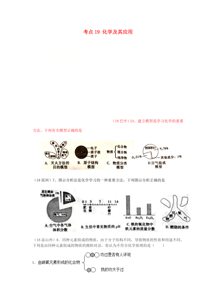 2020年中考化學(xué)真題分類匯編 4 化學(xué)與社會(huì)發(fā)展 考點(diǎn)19 化學(xué)及其應(yīng)用 2研究化學(xué)的方法 3模型（無答案）_第1頁