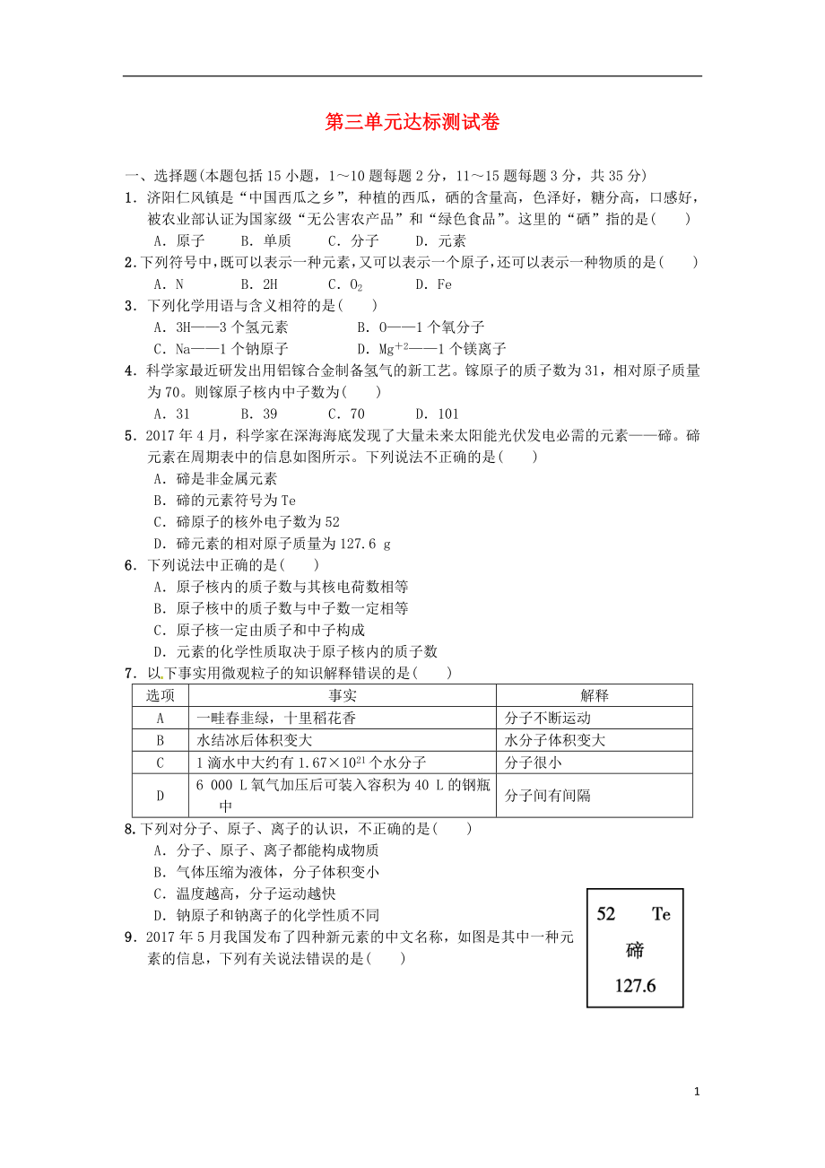 2018秋九年級(jí)化學(xué)上冊(cè) 第三單元 達(dá)標(biāo)測(cè)試卷 （新版）新人教版_第1頁(yè)