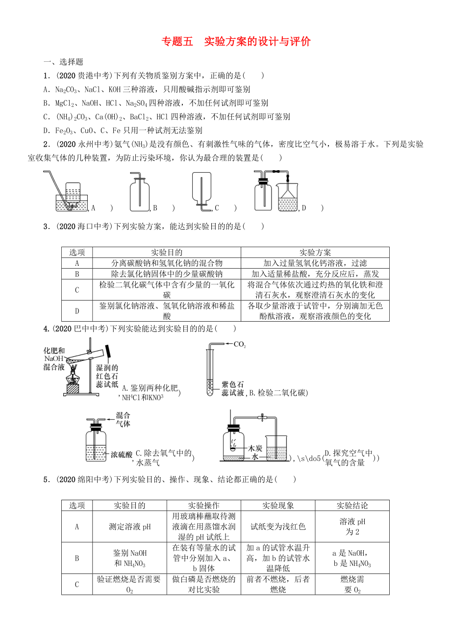 中考命題研究（貴陽專版）2020中考化學(xué) 課時(shí)精練 專題五 實(shí)驗(yàn)方案的設(shè)計(jì)與評價(jià)（無答案）_第1頁