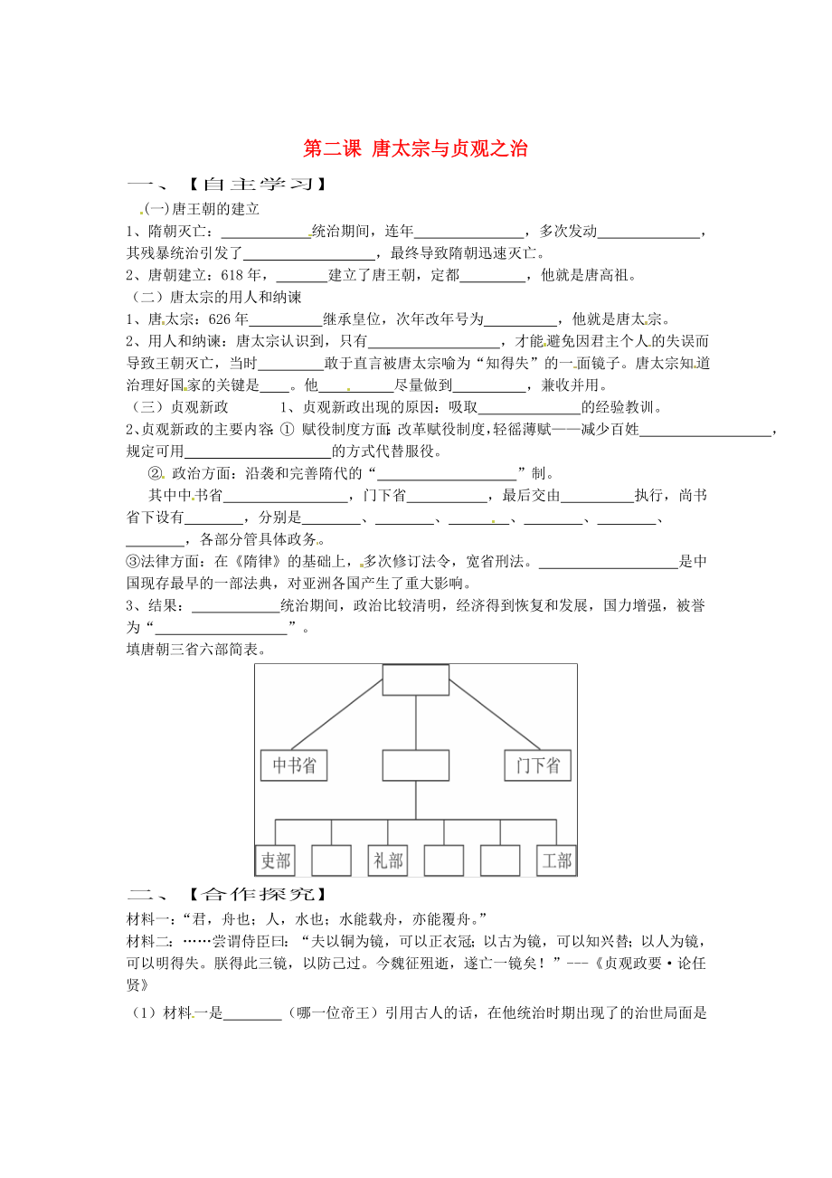 山東省巨野縣獨(dú)山鎮(zhèn)第二中學(xué)七年級(jí)歷史下冊(cè) 第2課 唐太宗與貞觀之治導(dǎo)學(xué)案（無答案） 北師大版_第1頁