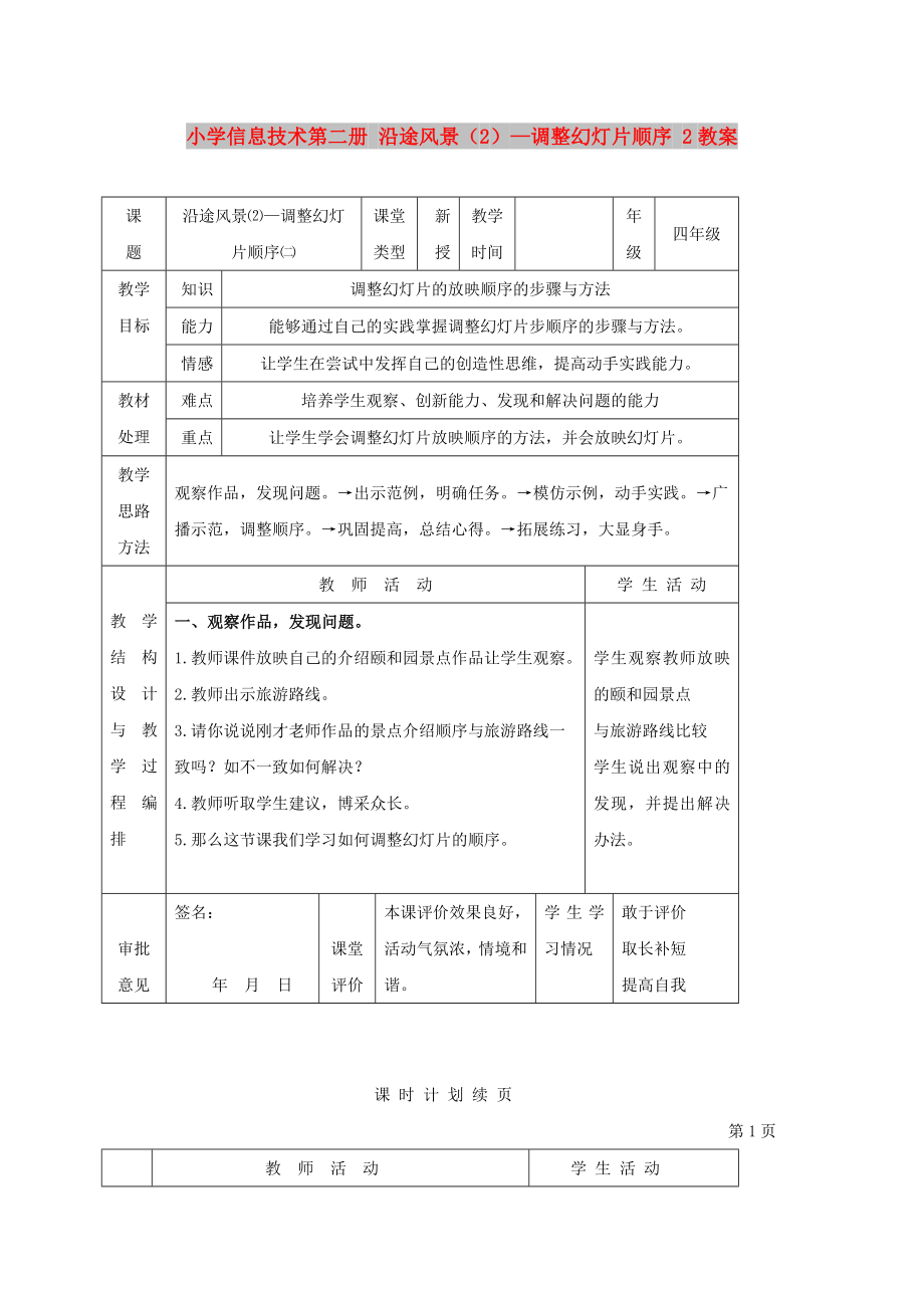 小學(xué)信息技術(shù)第二冊(cè) 沿途風(fēng)景（2）—調(diào)整幻燈片順序 2教案_第1頁(yè)