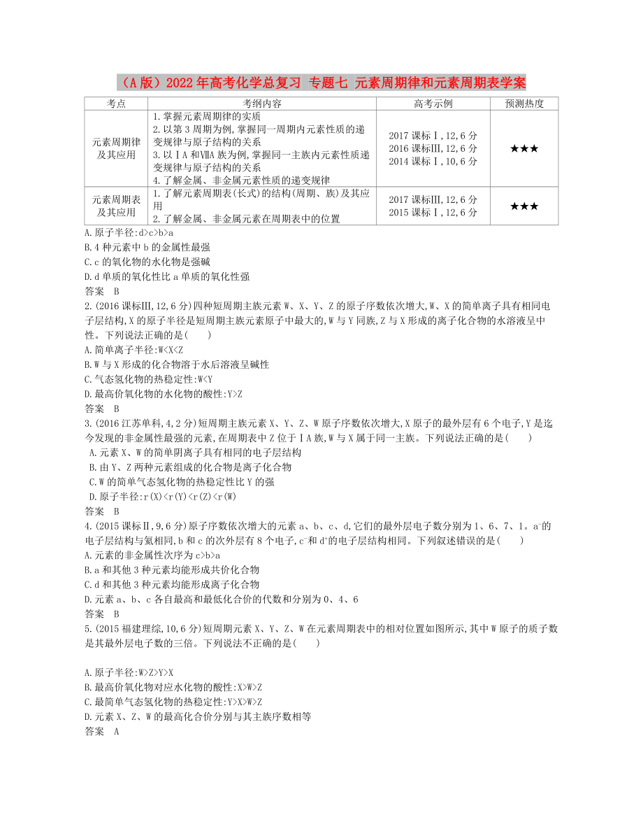 （A版）2022年高考化學(xué)總復(fù)習(xí) 專題七 元素周期律和元素周期表學(xué)案_第1頁