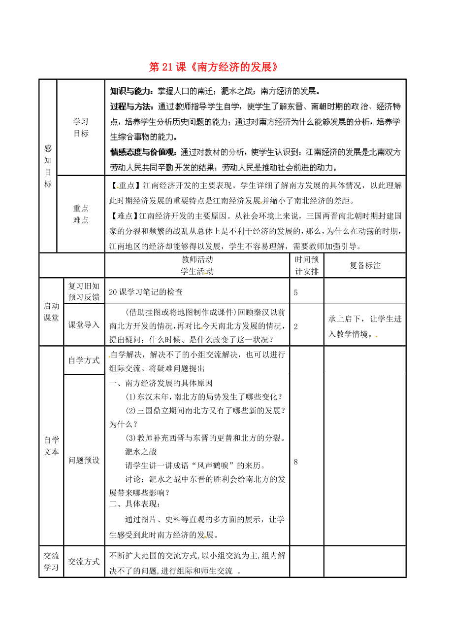 山東省濱州市鄒平縣實(shí)驗(yàn)中學(xué)七年級(jí)歷史上冊(cè) 第21課《南方經(jīng)濟(jì)的發(fā)展》教案 北師大版_第1頁