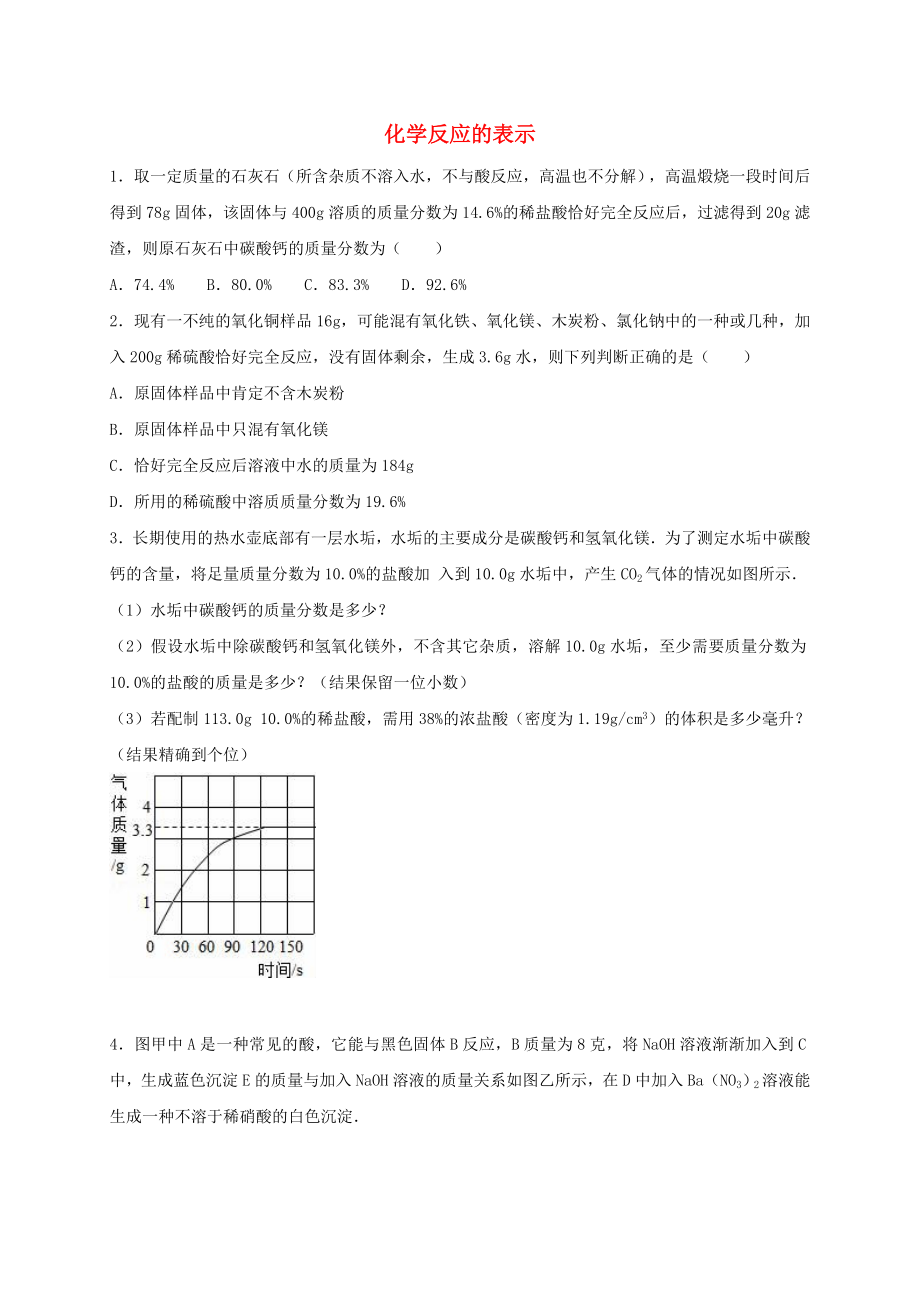 2020年中考化學熱身訓練 化學反應的表示（無答案）_第1頁