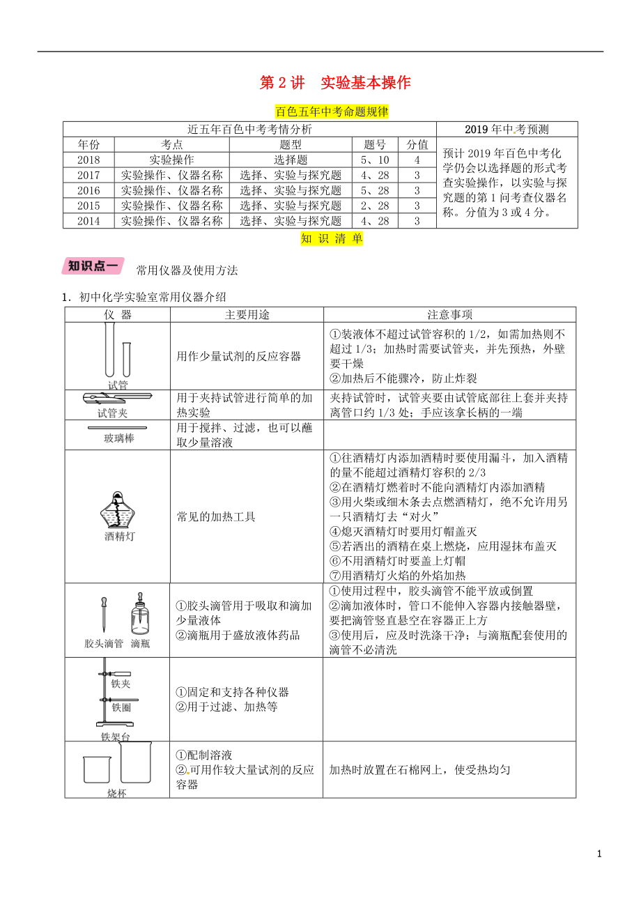 （百色專版）2019屆中考化學復習 第1編 教材知識梳理篇 第1單元 走進化學世界 第2講 實驗基本操作（精講）練習_第1頁