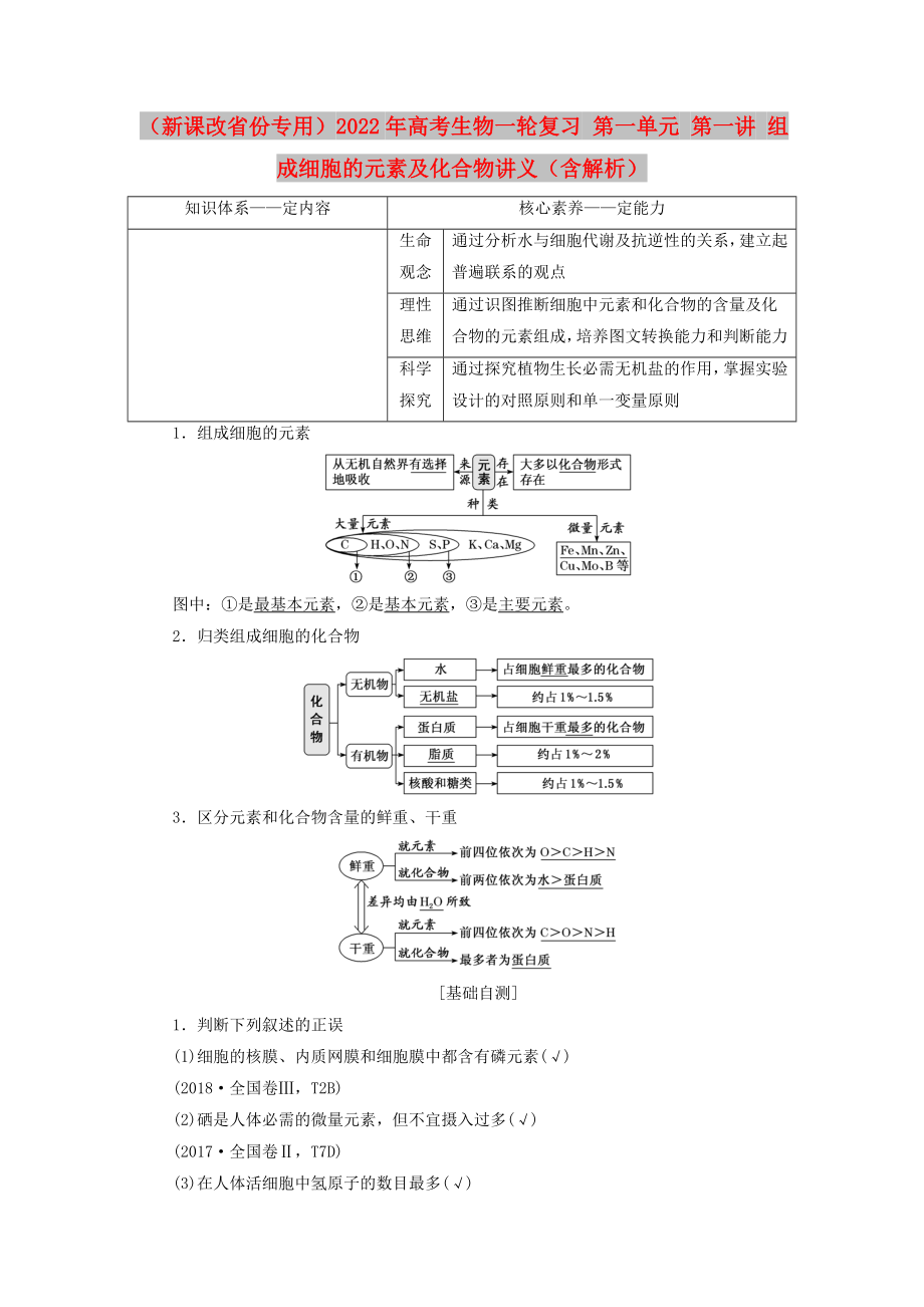 （新課改省份專(zhuān)用）2022年高考生物一輪復(fù)習(xí) 第一單元 第一講 組成細(xì)胞的元素及化合物講義（含解析）_第1頁(yè)