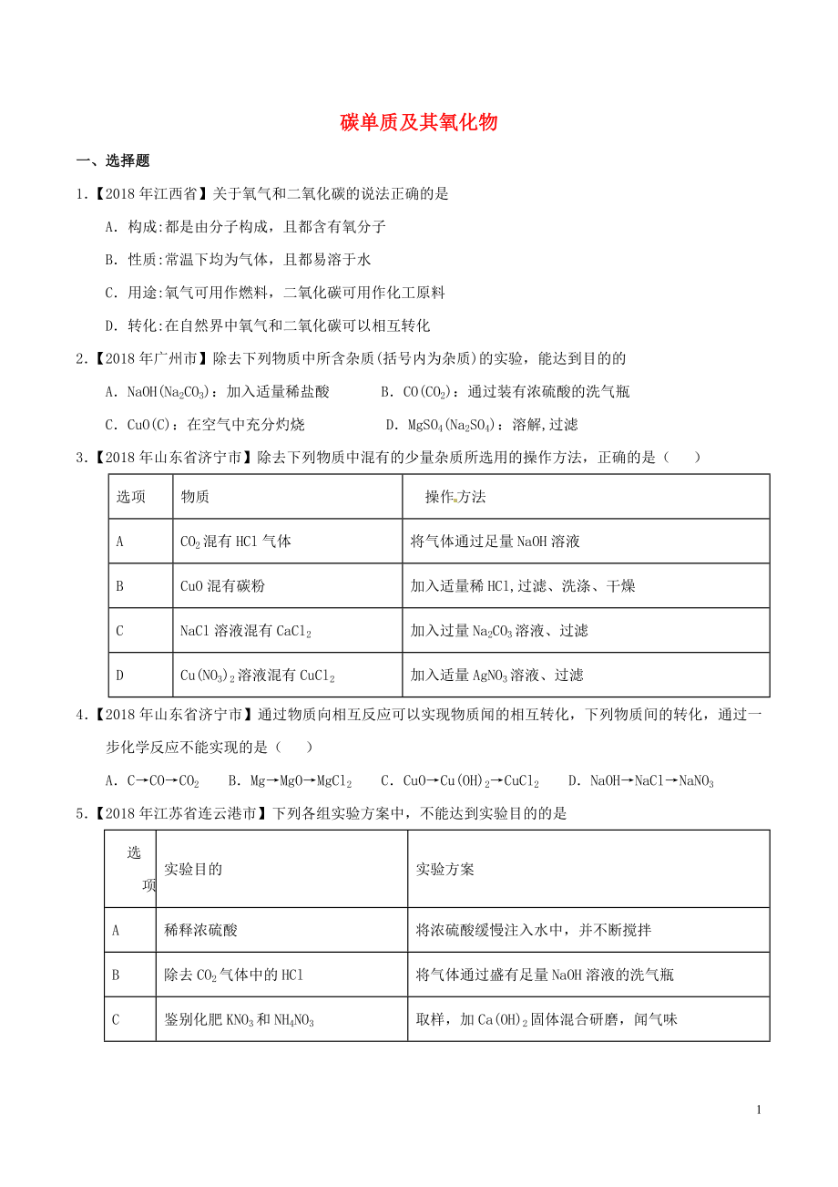 2018年中考化學(xué)知識(shí)分類練習(xí)卷 碳單質(zhì)及其氧化物（無(wú)答案）_第1頁(yè)