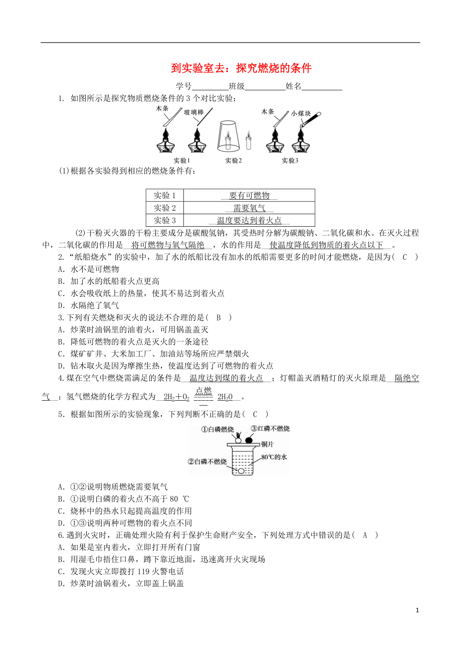 2018-2019學(xué)年度九年級化學(xué)上冊 第五單元 定量研究化學(xué)反應(yīng) 到實驗室去 探究燃燒的條件課時練習 （新版）魯教版_第1頁