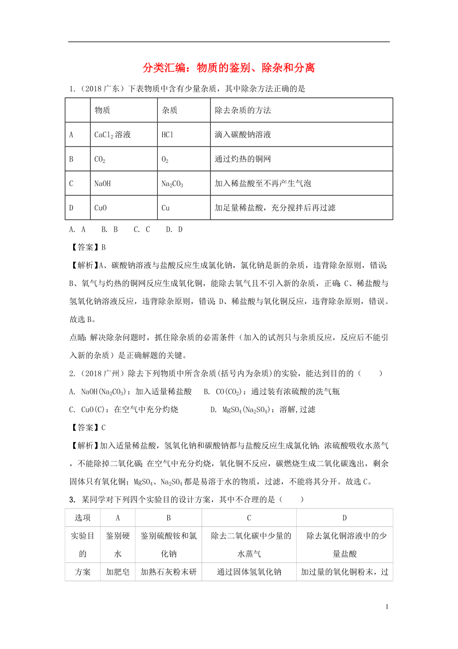 2018中考化學(xué)題分類匯編 物質(zhì)的鑒別、分離和除雜（含解析）_第1頁