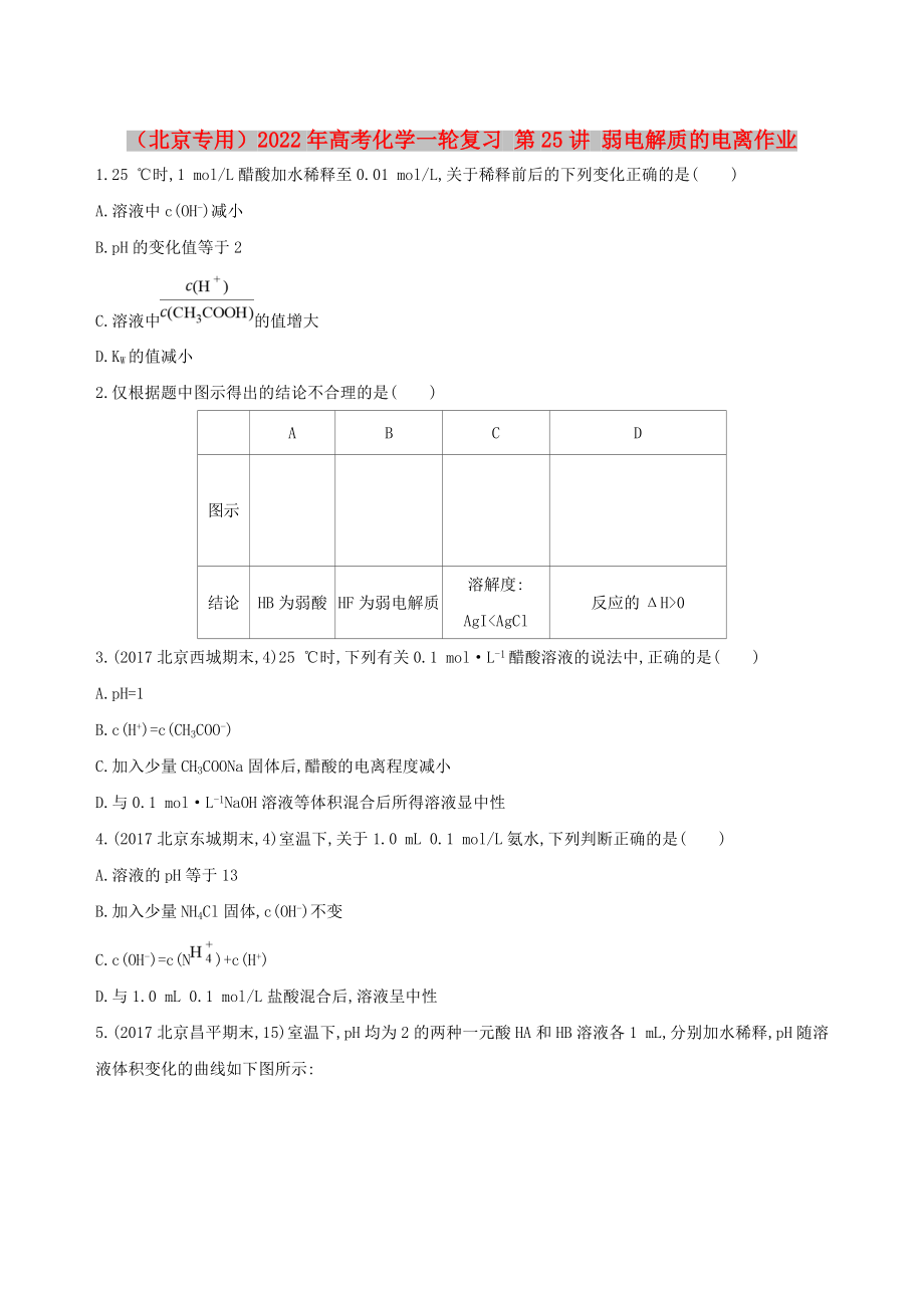 （北京專用）2022年高考化學(xué)一輪復(fù)習(xí) 第25講 弱電解質(zhì)的電離作業(yè)_第1頁