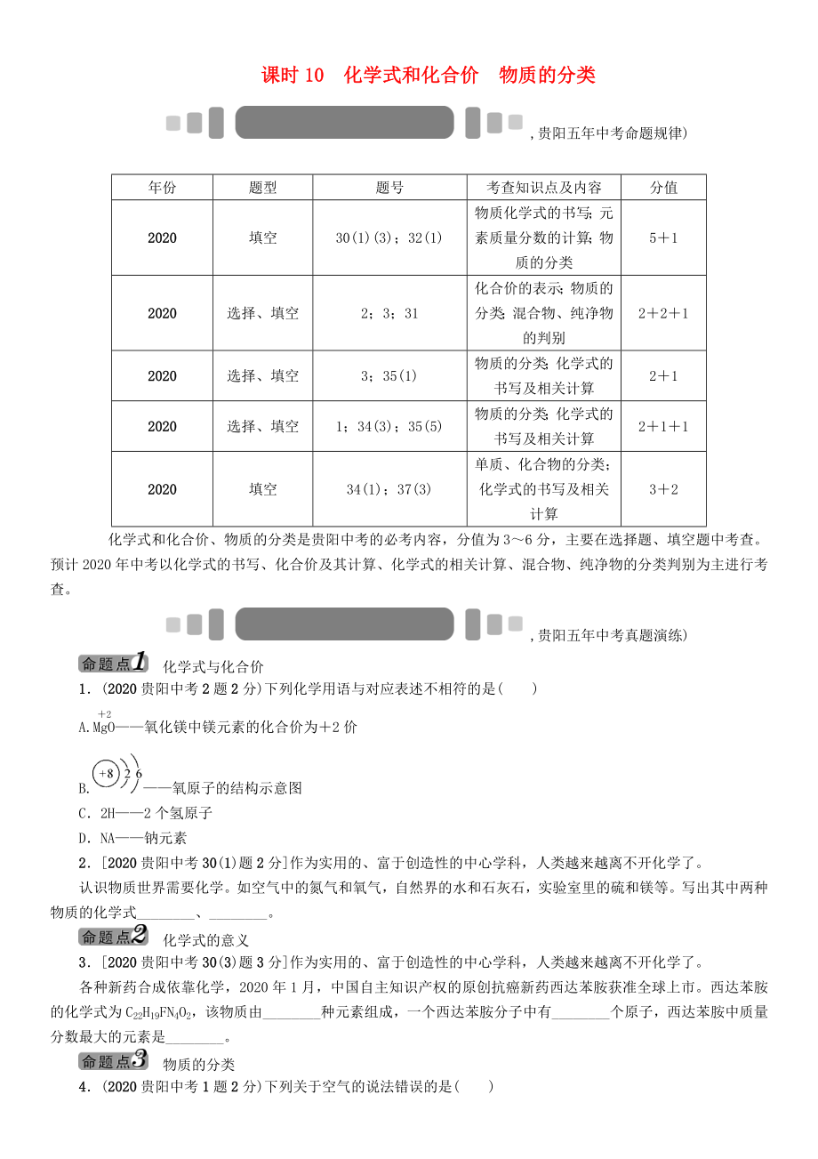 中考命題研究（貴陽(yáng)）2020中考化學(xué) 教材知識(shí)梳理 模塊二 物質(zhì)構(gòu)成的奧秘 課時(shí)10 化學(xué)式和化合價(jià) 物質(zhì)的分類(lèi)（無(wú)答案）_第1頁(yè)