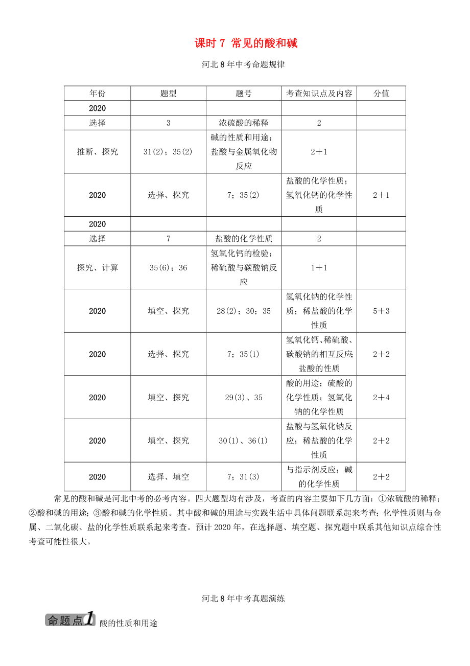 中考命題研究河北省2020中考化學(xué) 教材知識(shí)梳理 模塊一 身邊的化學(xué)物質(zhì) 課時(shí)7 常見的酸和堿（無答案）_第1頁