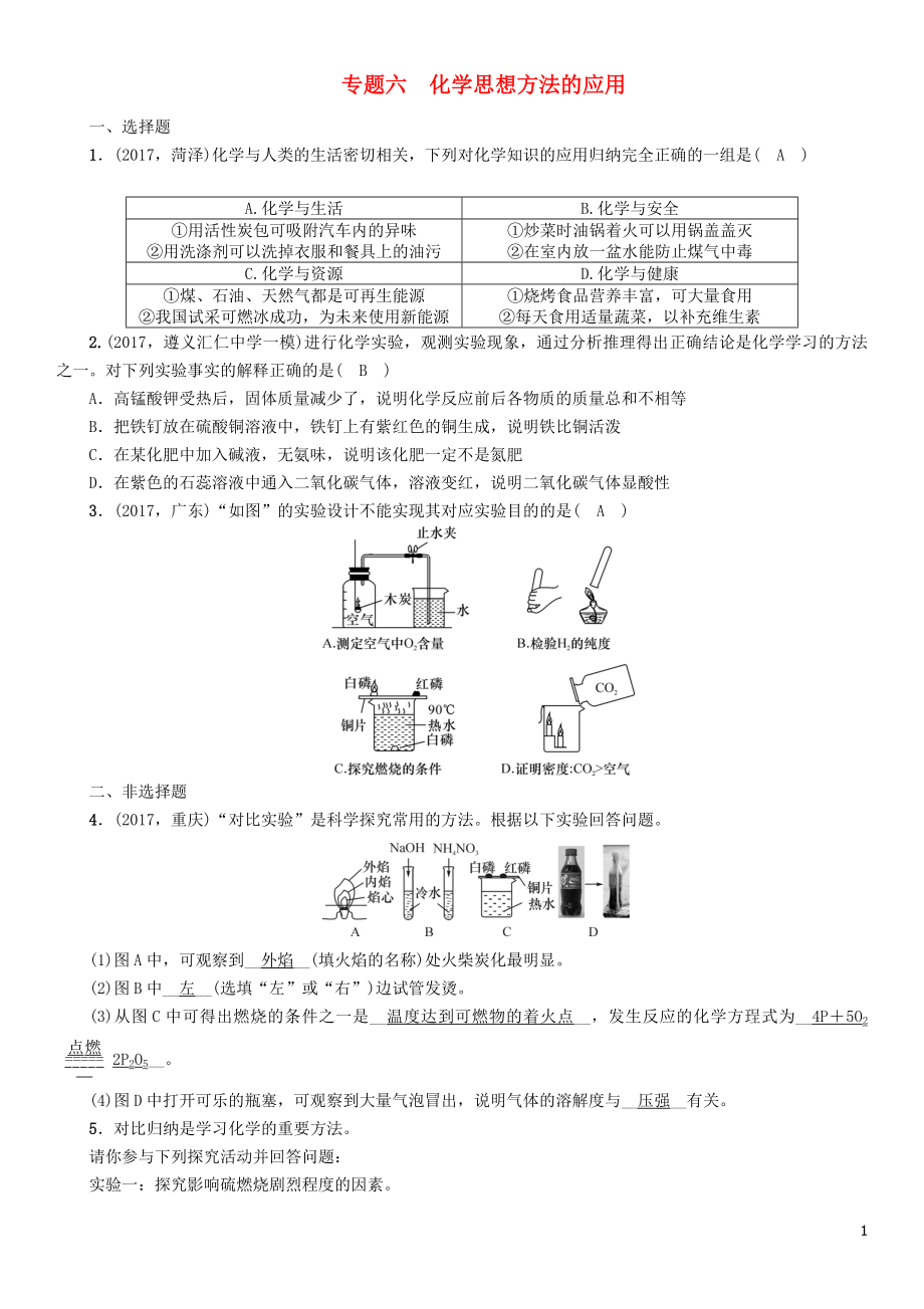 （遵義專版）2018中考化學(xué)總復(fù)習(xí) 第2編 重點題型突破篇 專題六 化學(xué)思想方法的應(yīng)用（精練）練習(xí)_第1頁