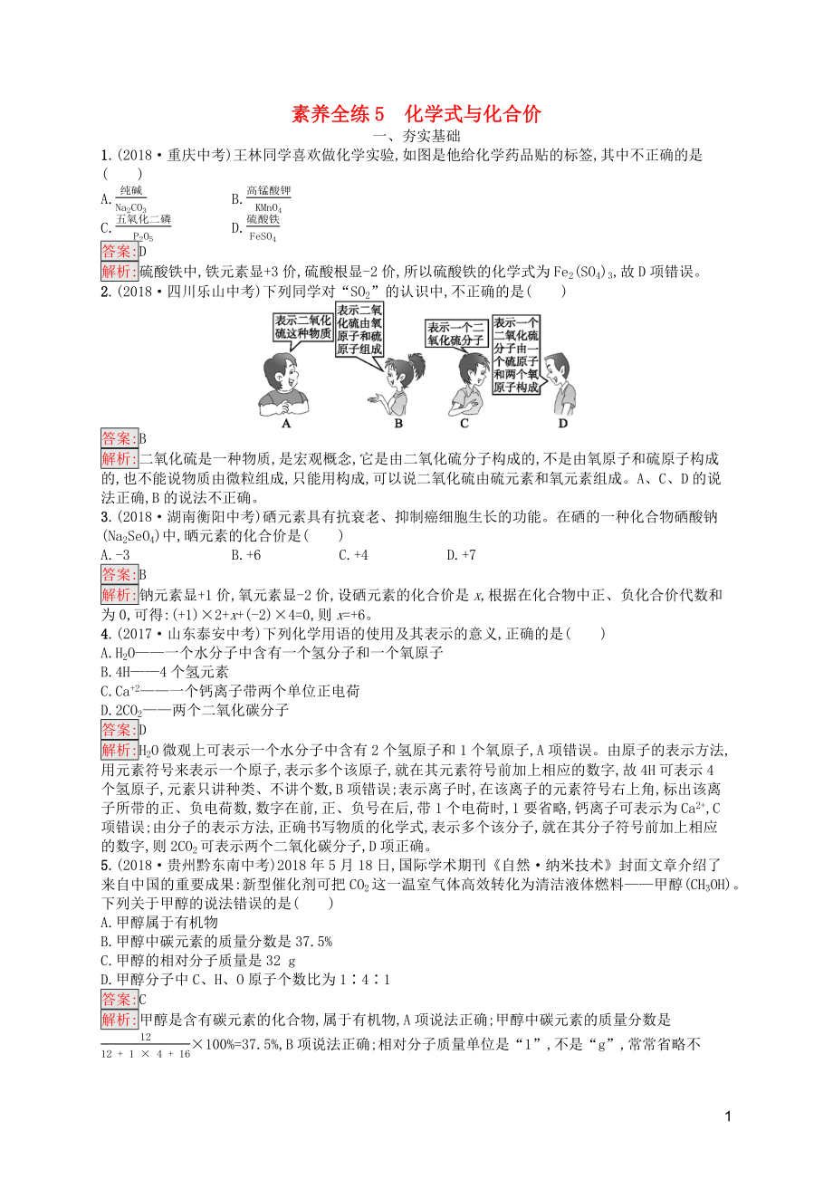 （课标通用）安徽省2019年中考化学总复习 素养全练5 化学式与化合价_第1页